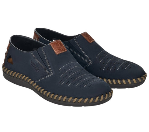 Pantofi casual, barbati, RIEKER, ANTISTRESS, B2457-14 bleumarin, piele nabuc